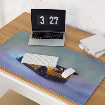 Ferrari 488 gt3 inspired modena circuit desk pad with vibrant yellow sports car print on soft gradient blue purple mousepad