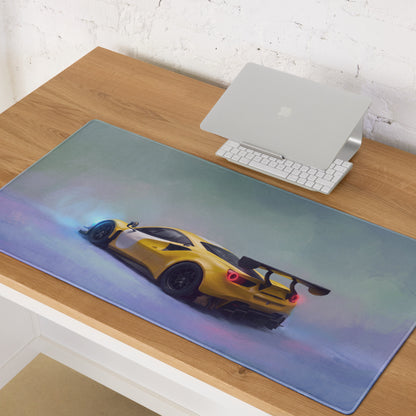 Yellow racing car graphic on ferrari 488 gt3 inspired modena circuit large rectangular stitched edge mousepad