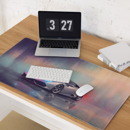 A sleek rectangular Lamborghini Huracán inspired Argento Reflection desk mat with a silver sports car on a purple blue cloth surface