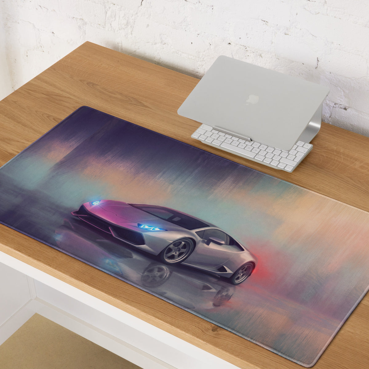 A sleek rectangular Lamborghini Huracán inspired argento reflection desk mat with vibrant silver car and glowing blue headlights