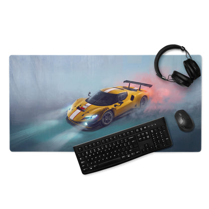 Yellow Ferrari 296 GT3 inspired rectangular gaming mousepad with low-friction cloth surface for precise control