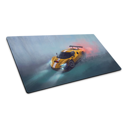 Yellow Ferrari 296 GT3 inspired giallo apex desk mat with white stripes and glowing headlights on low friction cloth mousepad