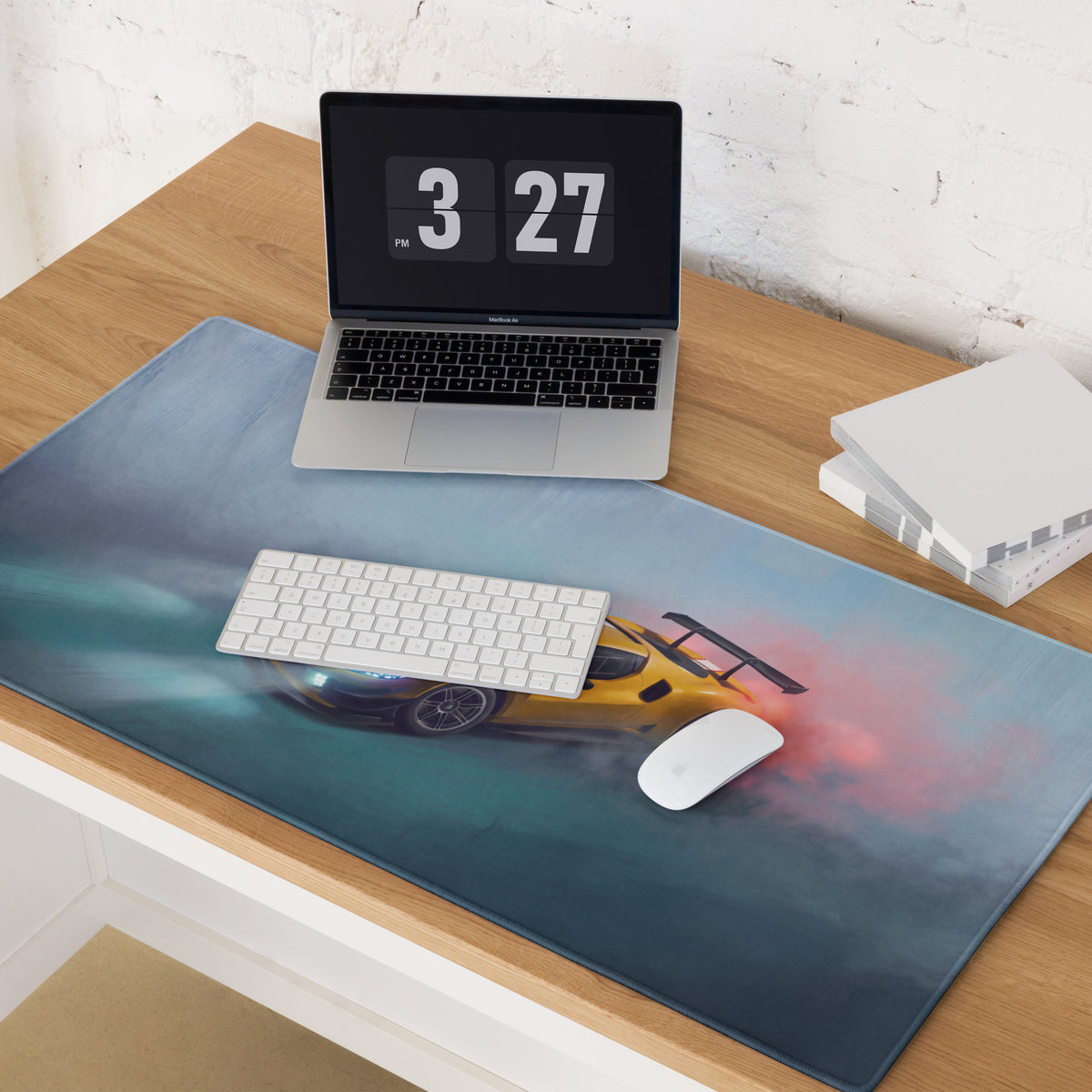 Yellow sports car graphic on a blue gradient Ferrari 296 GT3 inspired Giallo Apex low-friction cloth desk mat mousepad