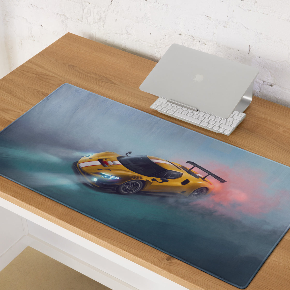 Yellow sports car racing graphic on ferrari 296 gt3 inspired giallo apex low-friction cloth desk mat mousepad