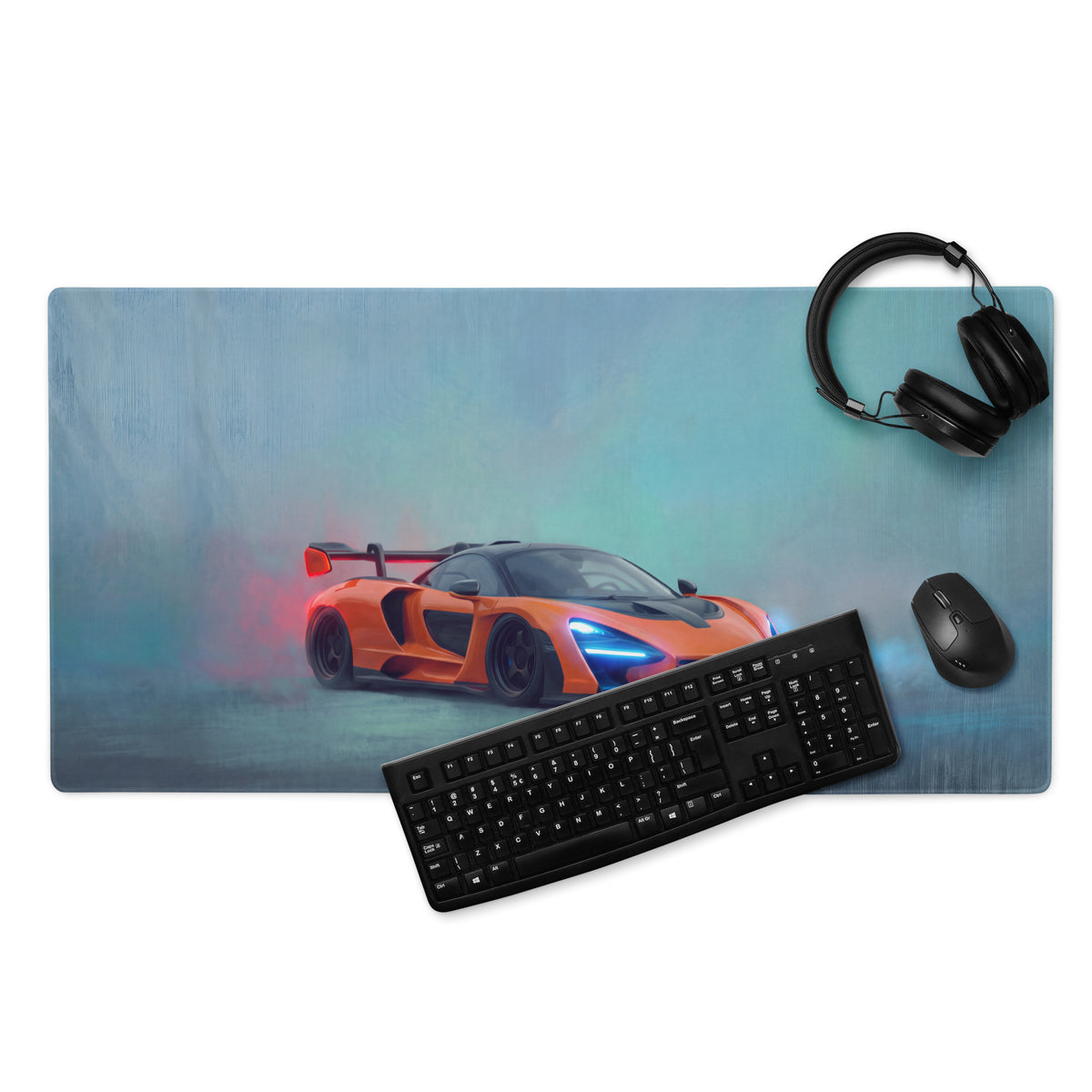 Orange McLaren Senna inspired papaya orange rectangular desk pad with ultra-glide stitched edge for gaming mouse use
