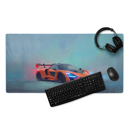 Orange McLaren Senna inspired papaya orange rectangular desk pad with ultra-glide stitched edge for gaming mouse use