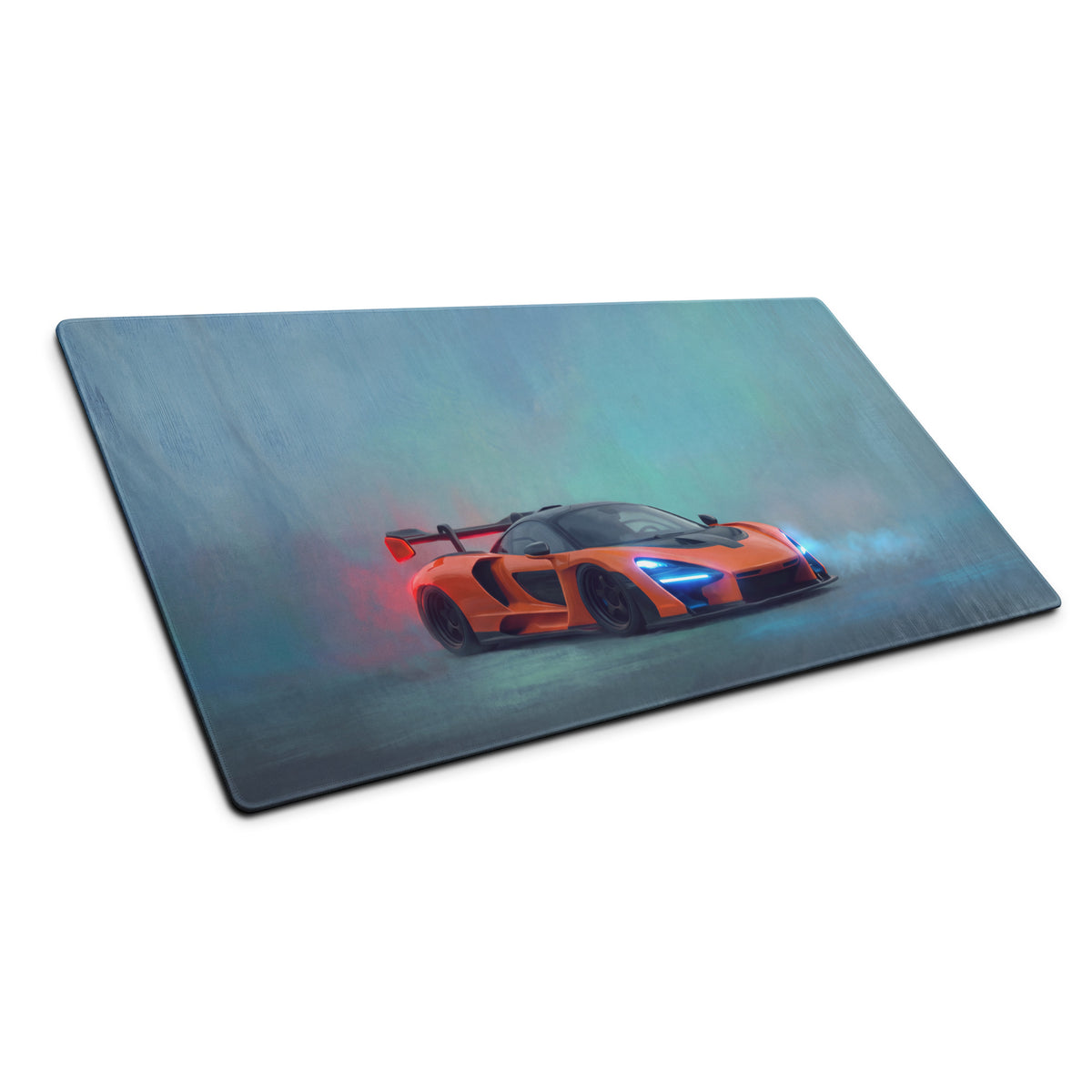 Orange mclaren sports car graphic on papaya orange stitched edge gaming mousepad with ultra-glide surface and gradient background