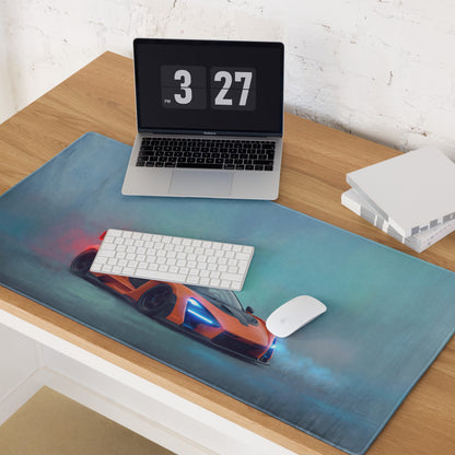 Blue racing car-themed mousepad with orange and blue glowing accents featuring ultra-glide stitched edge design