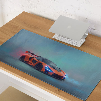 McLaren Senna inspired papaya orange and black sports car graphic on blue gradient ultra-glide stitched edge mousepad