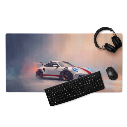 A sleek white porsche 911 gt3 rs inspired desk pad with red and black accents on an extended non slip mouse mat