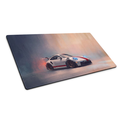 Porsche 911 gt3 rs inspired heritage red stripe desk pad featuring white and red porsche sports car graphic on non-slip mouse mat