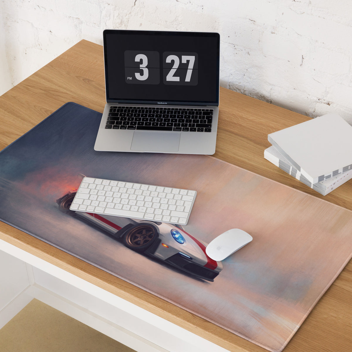 A sleek rectangular extended non-slip gaming mousepad with a white and red Porsche 911 GT3 RS sports car print