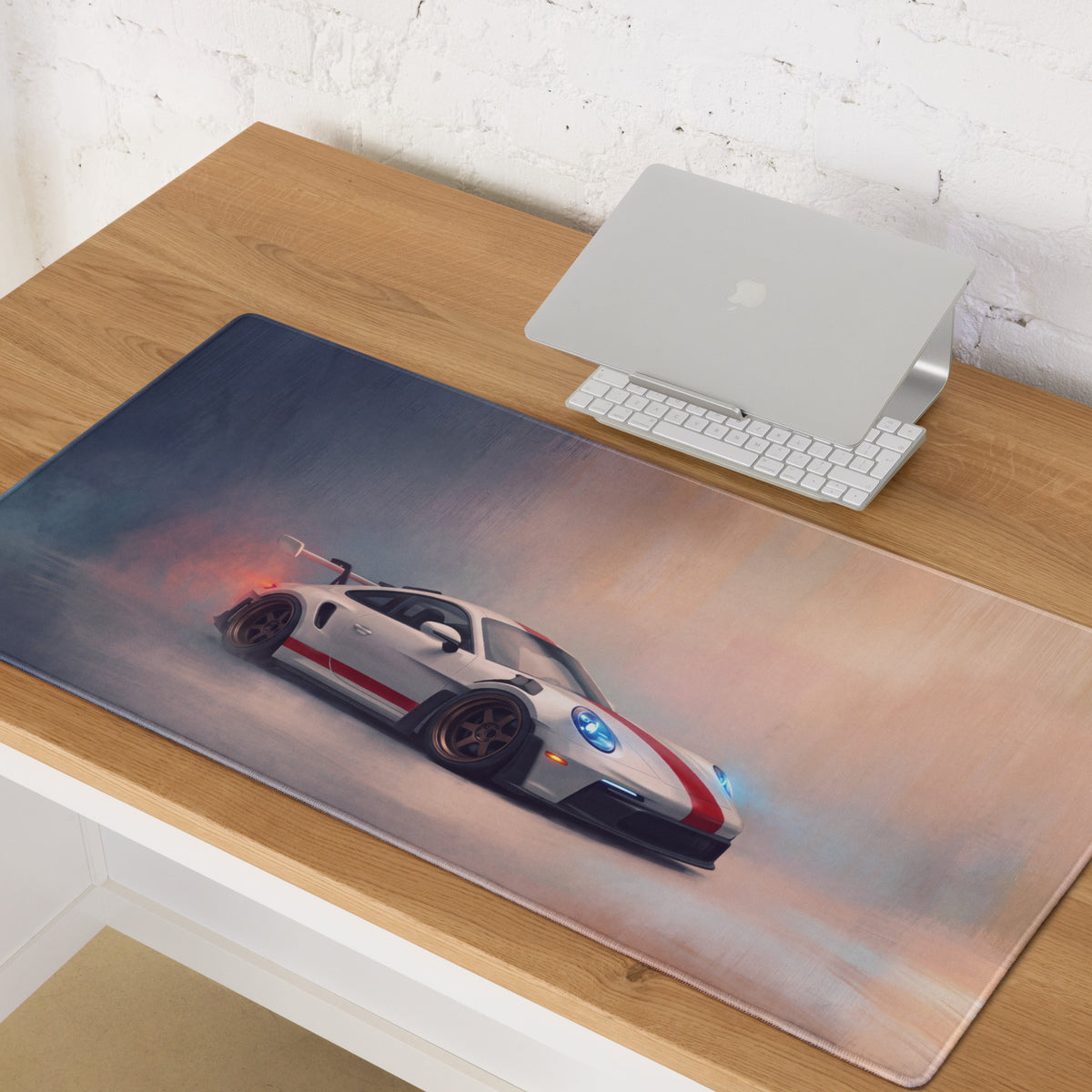 Rectangular non slip pc mousepad featuring white and red porsche 911 gt3 rs inspired heritage racing car graphic