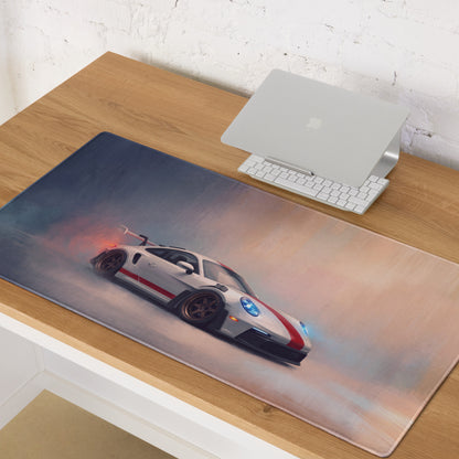 Rectangular non slip pc mousepad featuring white and red porsche 911 gt3 rs inspired heritage racing car graphic