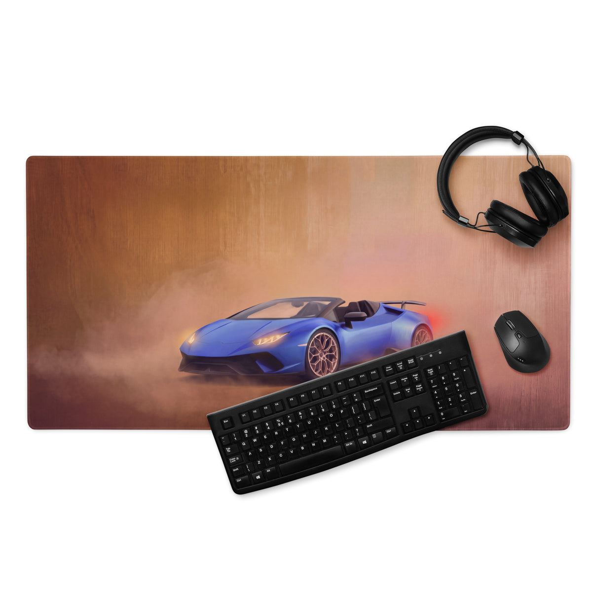 Blue lamborghini huracán spyder inspired cobalt sunset desk mat featuring a racing car graphic on wood grain texture
