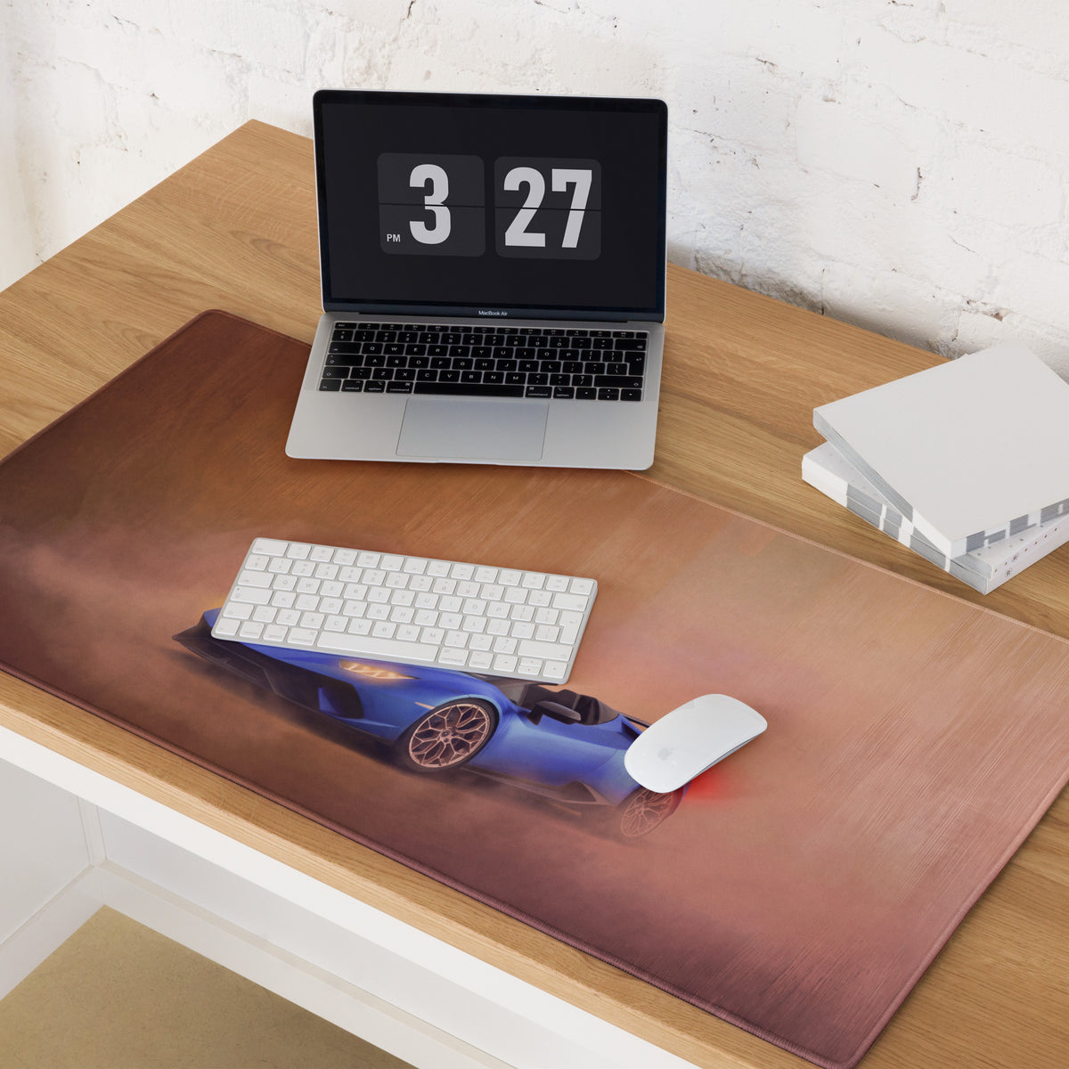 Brown rectangular gaming mousepad featuring a vibrant blue Lamborghini Huracán Spyder graphic with glowing orange accents