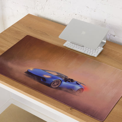 Rectangular cobalt blue lamborghini huracán spyder inspired sports car graphic printed desk mat for gaming use