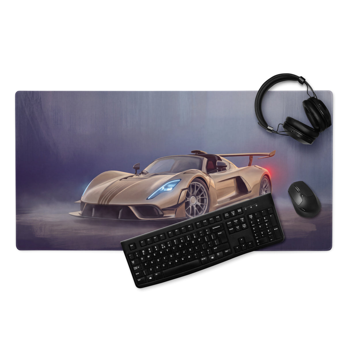Gold-colored racing car graphic on a gold rectangular low-friction cloth hennessey venom f5 inspired mousepad