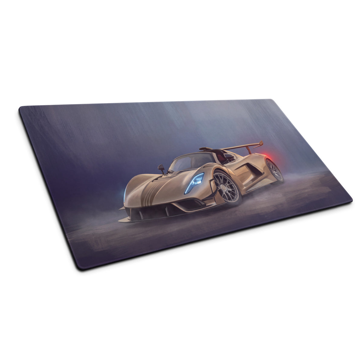 Hennessey Venom F5 inspired champagne edition matte cloth desk mat with gold hypercar illustration and glowing lights