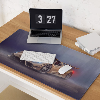 A sleek dark blue low-friction cloth hennessey venom f5 inspired champagne edition desk mat with gold sports car design