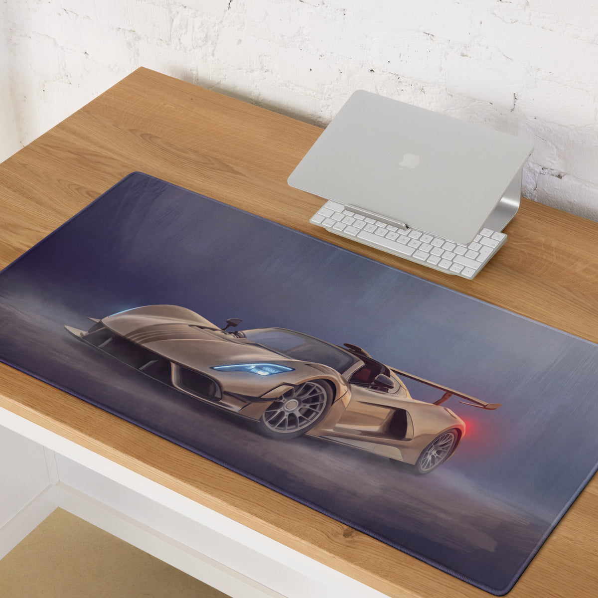 Hennessey Venom F5 inspired champagne edition desk mat with sleek gold sports car on dark blue low-friction cloth mousepad