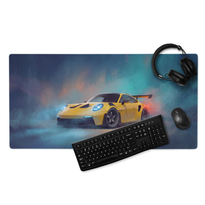 Yellow porsche 911 gt3 rs inspired speed desk mat featuring sports car graphic on xl high precision gaming mousepad