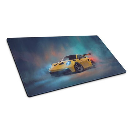 Yellow sports car graphic on Porsche 911 GT3 RS inspired speed yellow high-precision XL gaming desk mat mousepad