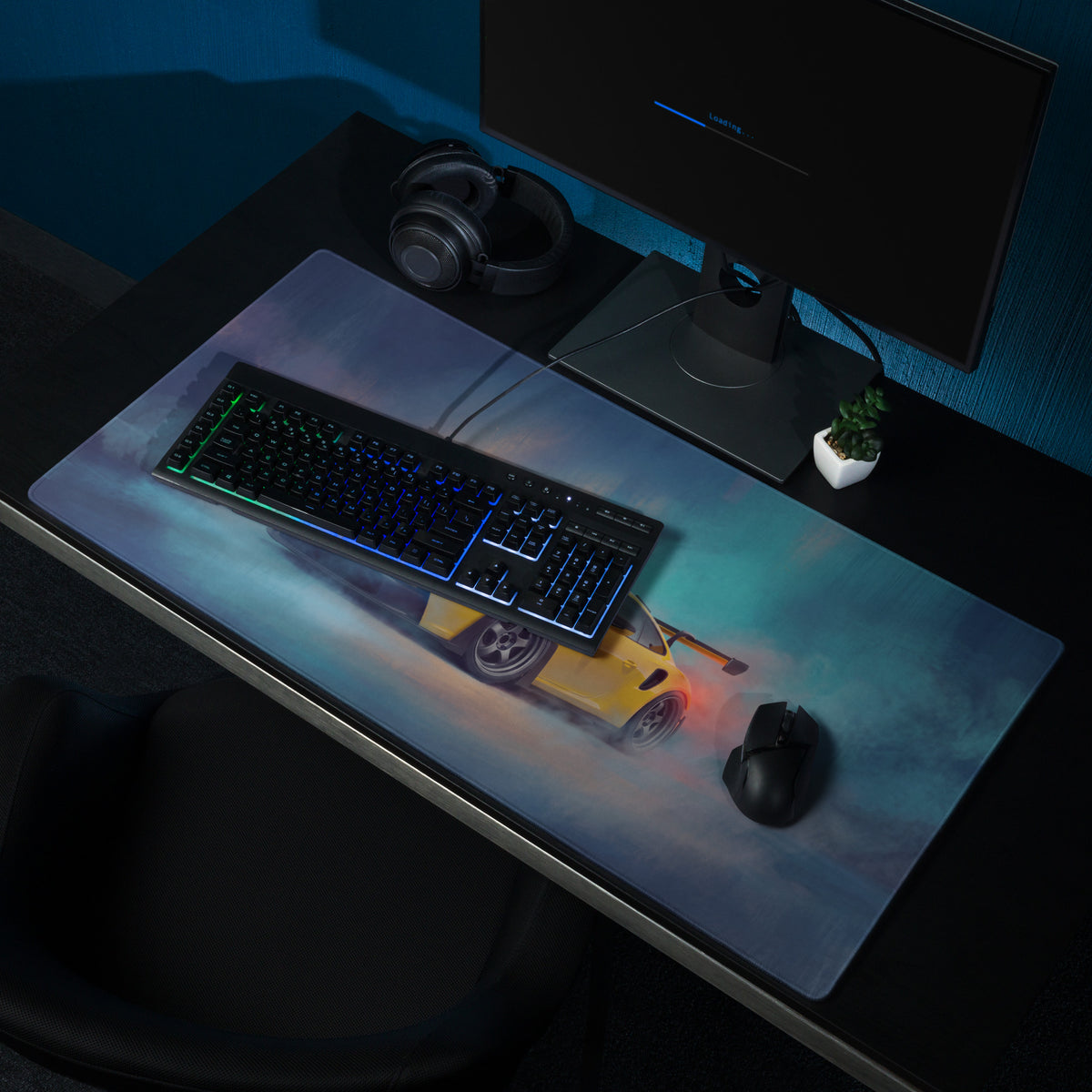 Yellow sports car racing graphic on a glossy finish porsche 911 gt3 rs inspired xl gaming mousepad desk mat