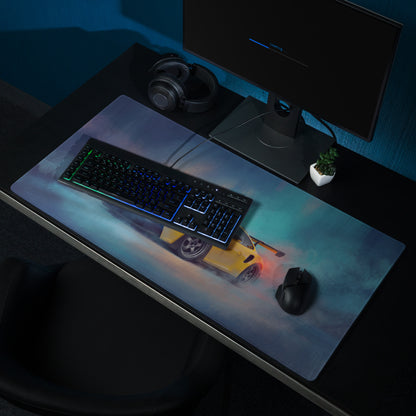 Yellow sports car racing graphic on a glossy finish porsche 911 gt3 rs inspired xl gaming mousepad desk mat