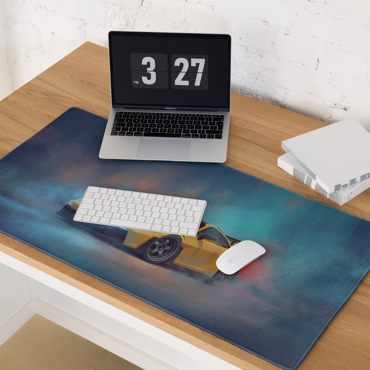Blue racing car-themed high-precision xl gaming mousepad with yellow Porsche 911 GT3 RS inspired sports car graphic