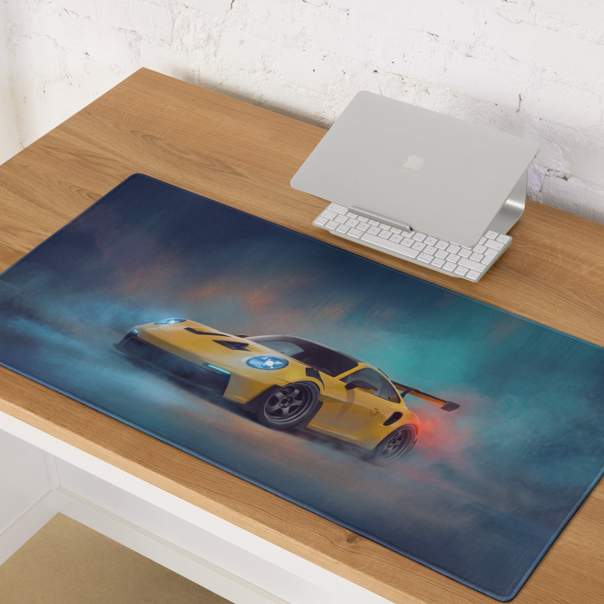 Yellow sports car graphic on a dark blue high-precision xl gaming mousepad inspired by porsche 911 gt3 rs speed