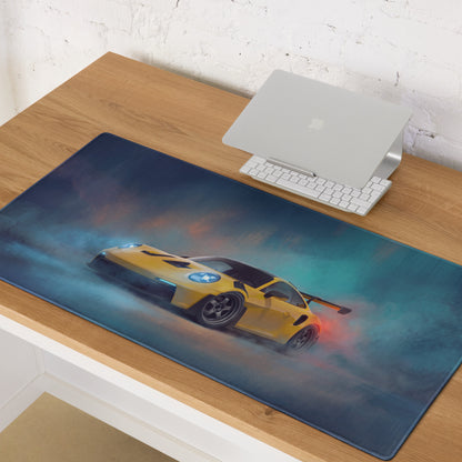 Yellow sports car graphic on a dark blue high-precision xl gaming mousepad inspired by porsche 911 gt3 rs speed