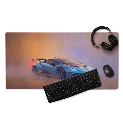 Rectangle non slip extended pc mousepad featuring a blue Lamborghini Huracán STO graphic inspired by Gulf Edition