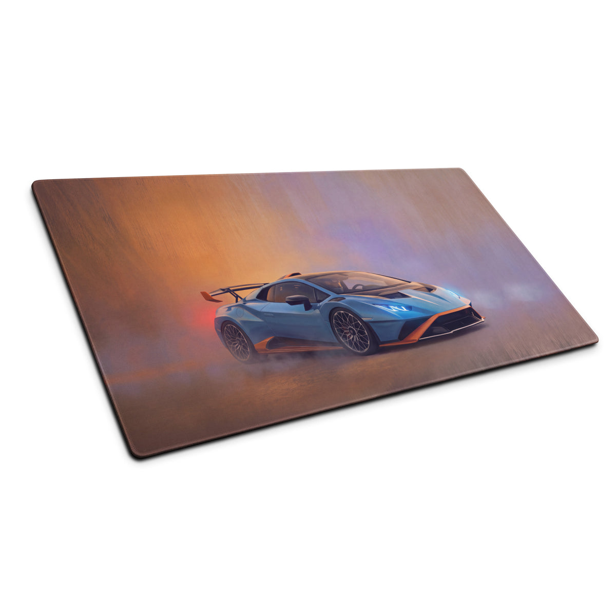 Blue and orange Lamborghini Huracán STO graphic printed on wooden rectangular cutting board for desk pad use