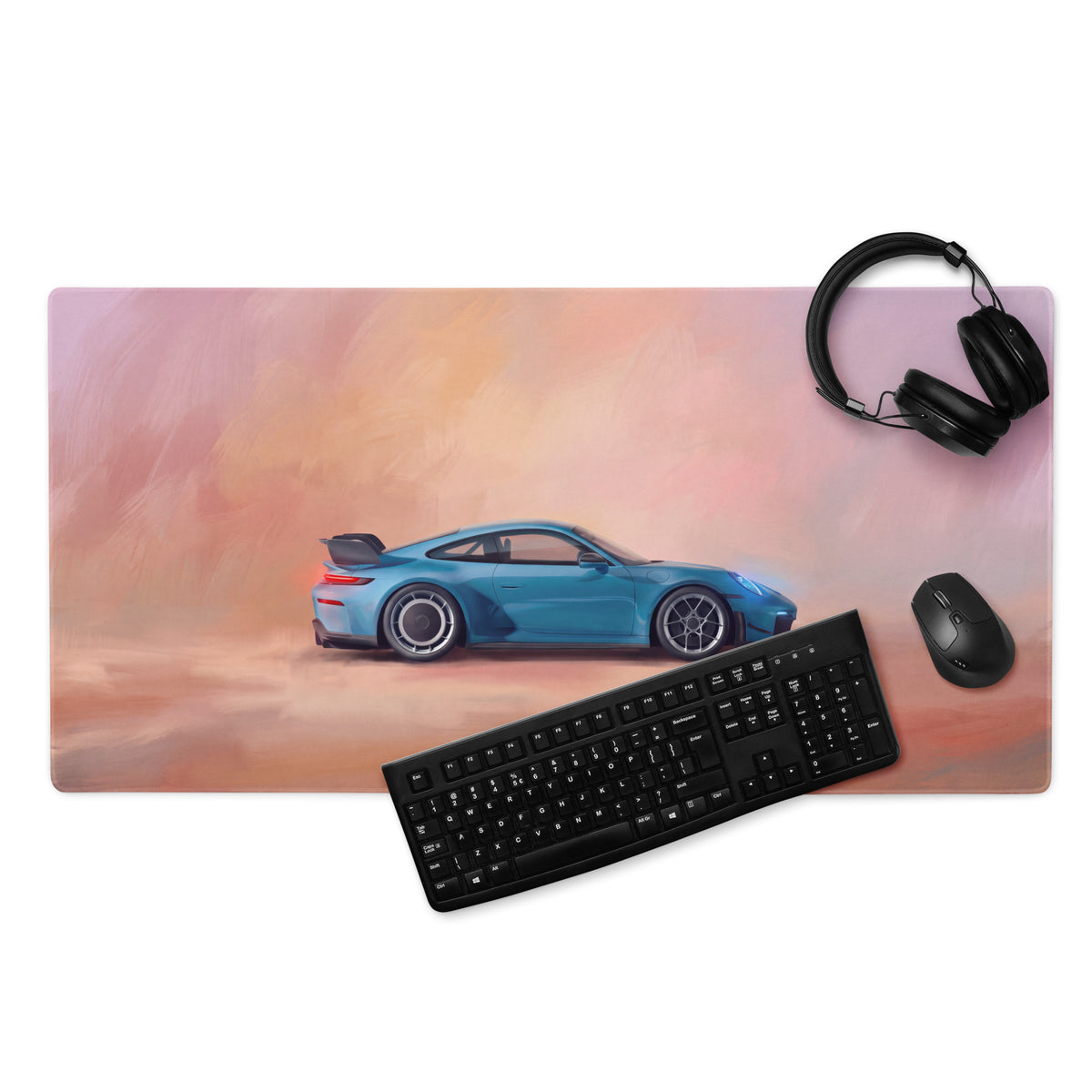 Blue sports car illustration on a rectangular porsche 911 gt3 inspired riviera sunset high precision xl gaming mousepad