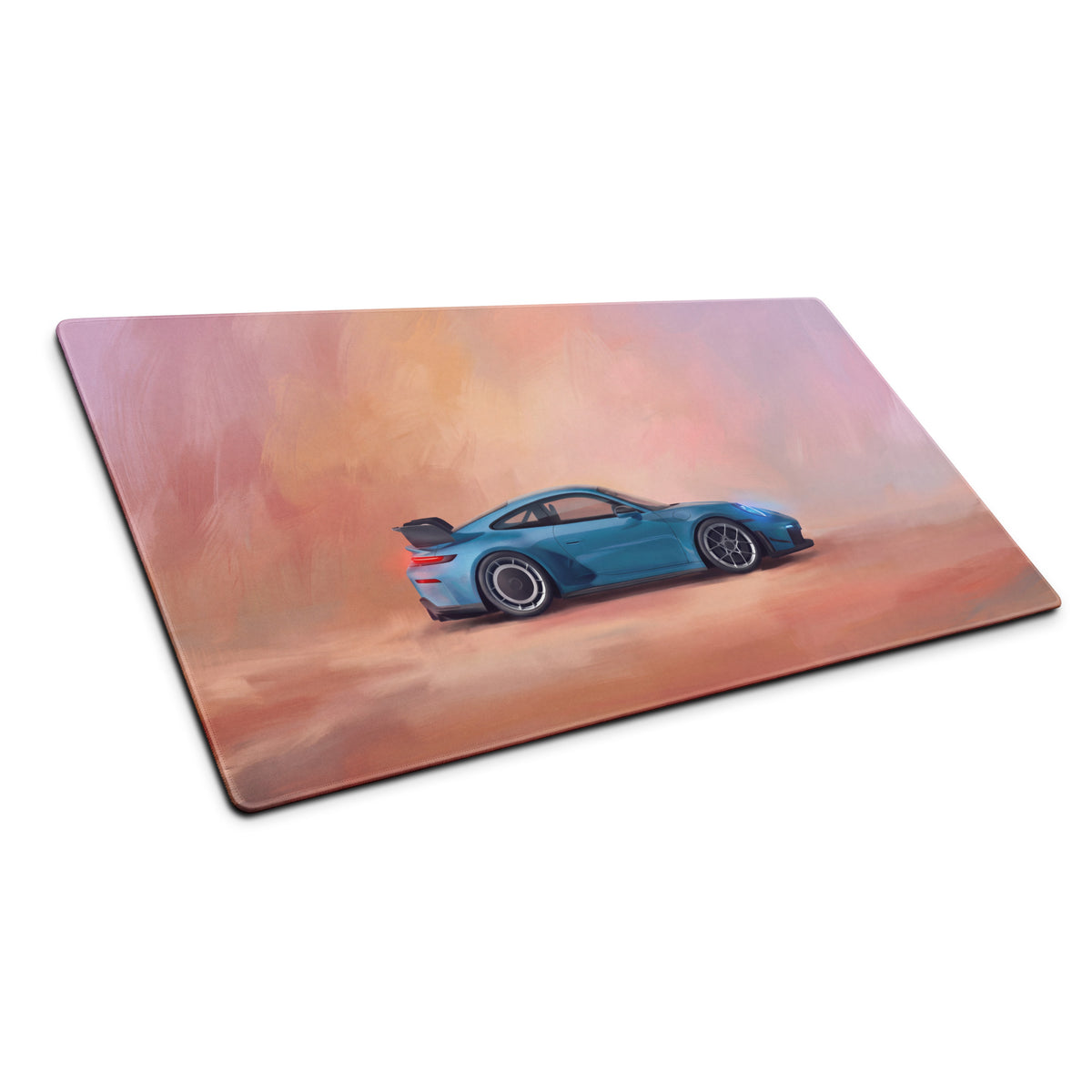 Blue porsche 911 gt3 inspired sports car illustration on rectangular riviera sunset desk mat for gaming use