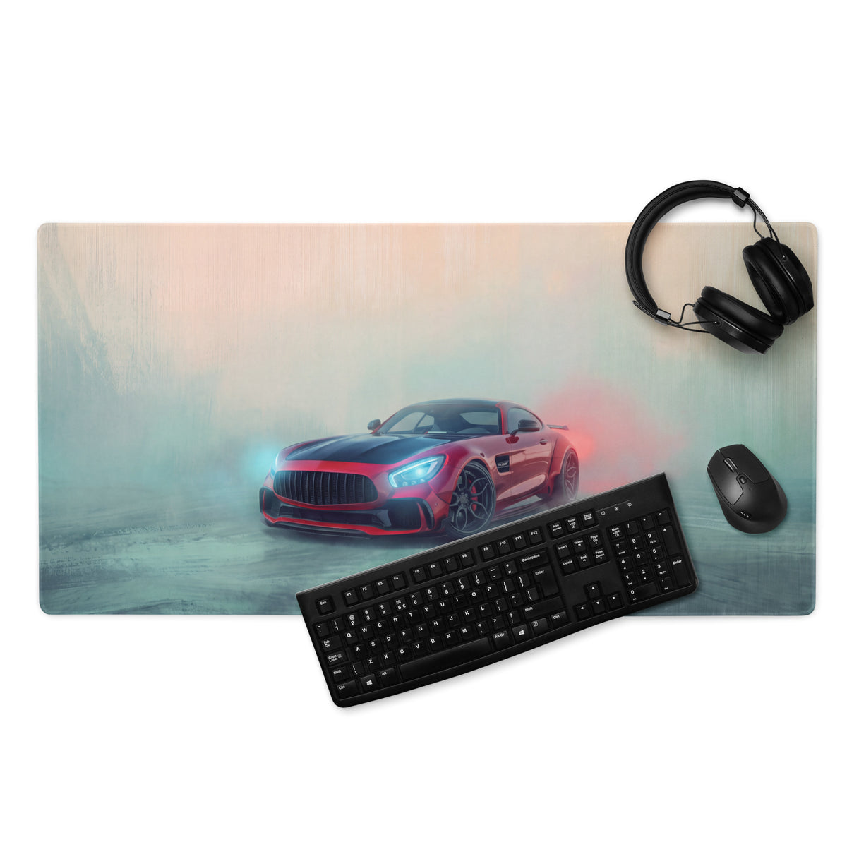 Red and black mercedes amg gt inspired sports car graphic printed on extended non slip rectangular mousepad