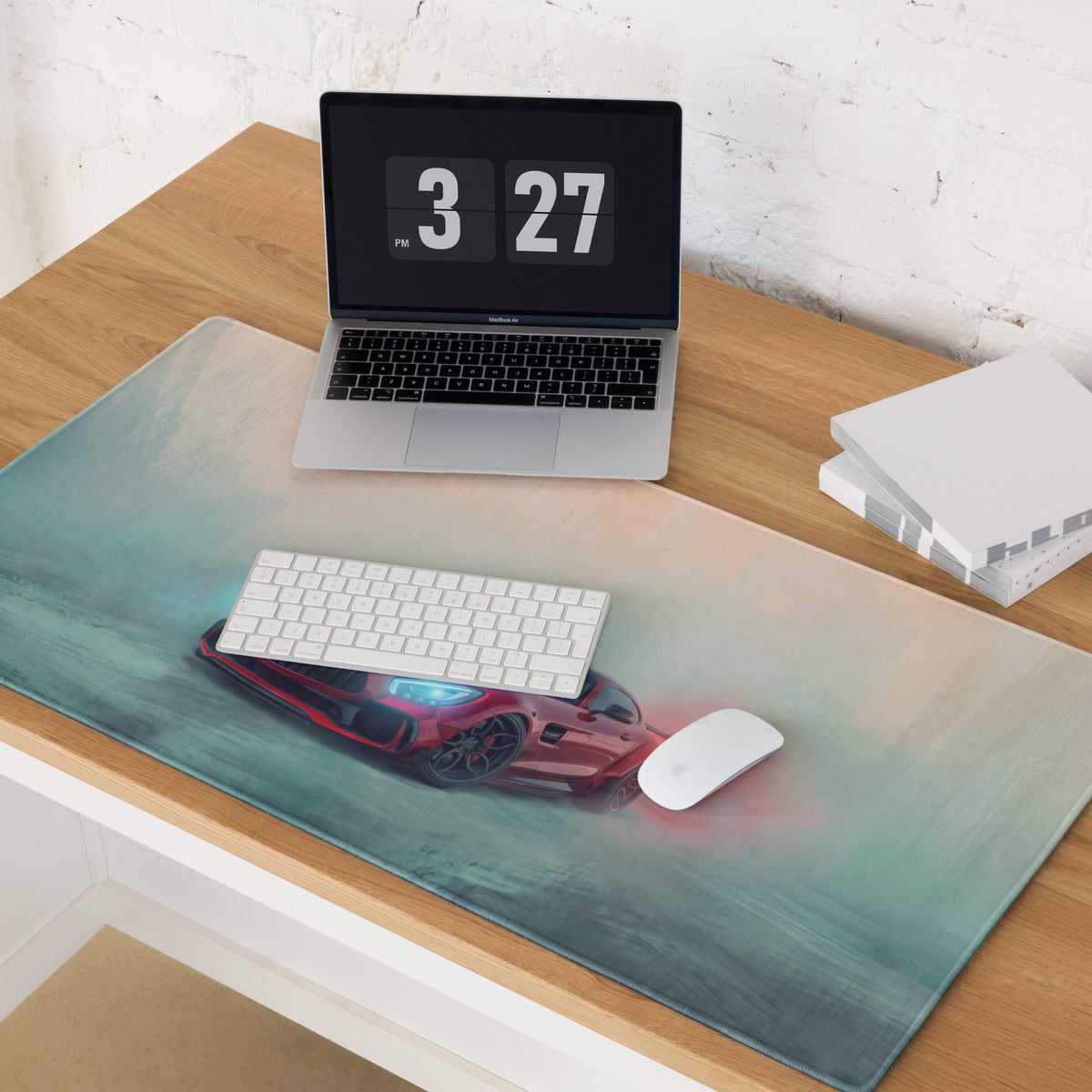 Mercedes-AMG GT inspired carmine beast extended non-slip gaming mousepad with vibrant red sports car and teal pink gradient background