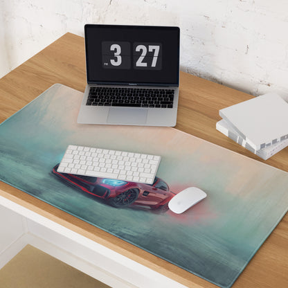 Mercedes-AMG GT inspired carmine beast extended non-slip gaming mousepad with vibrant red sports car and teal pink gradient background
