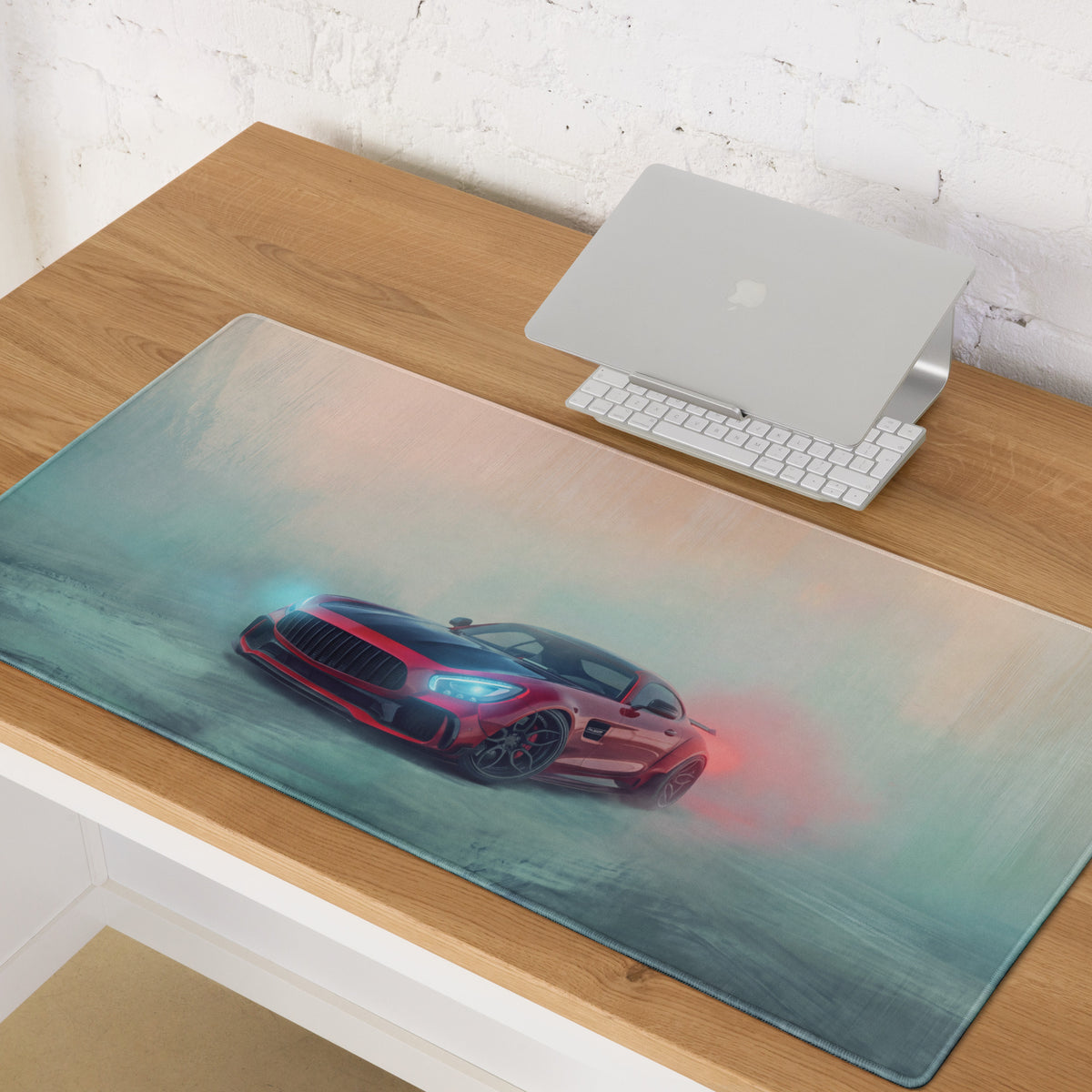 Mercedes-AMG GT inspired carmine beast desk pad featuring a red and black sports car graphic on a soft textured mousepad