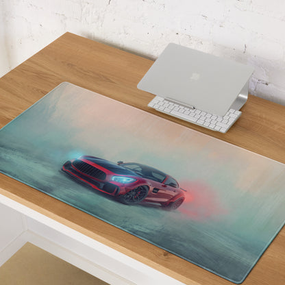 Mercedes-AMG GT inspired carmine beast desk pad featuring a red and black sports car graphic on a soft textured mousepad