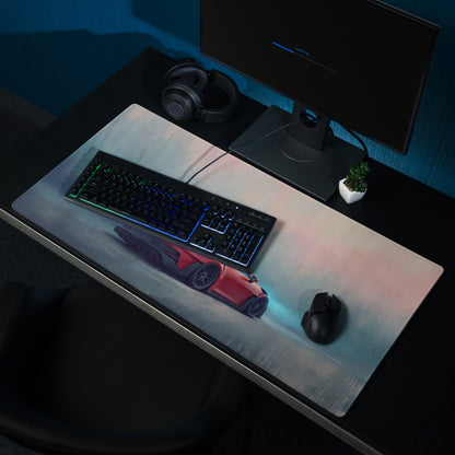 A sleek xl gaming mousepad featuring a vibrant red Porsche 911 GT3 RS graphic on a gradient background