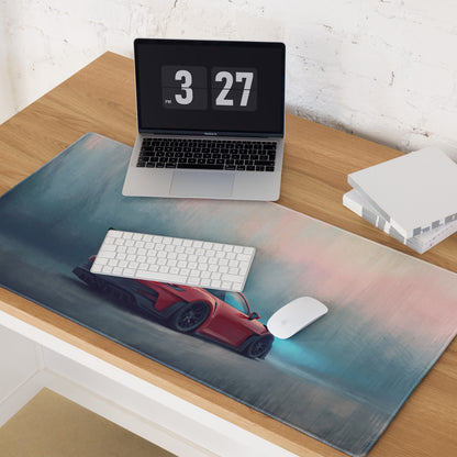 Red sports car graphic printed on a large xl blue and pink gradient porsche 911 gt3 rs inspired gaming mousepad