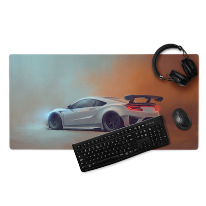 A sleek rectangular Acura NSX inspired pearl widebody desk pad with stitched edge and white sports car illustration