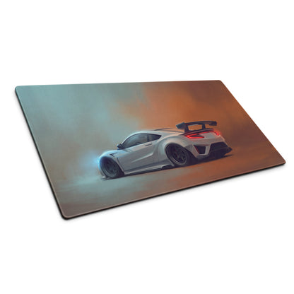 Acura nsx inspired pearl widebody desk pad with white sports car illustration on rectangular glossy mousepad with stitched edge