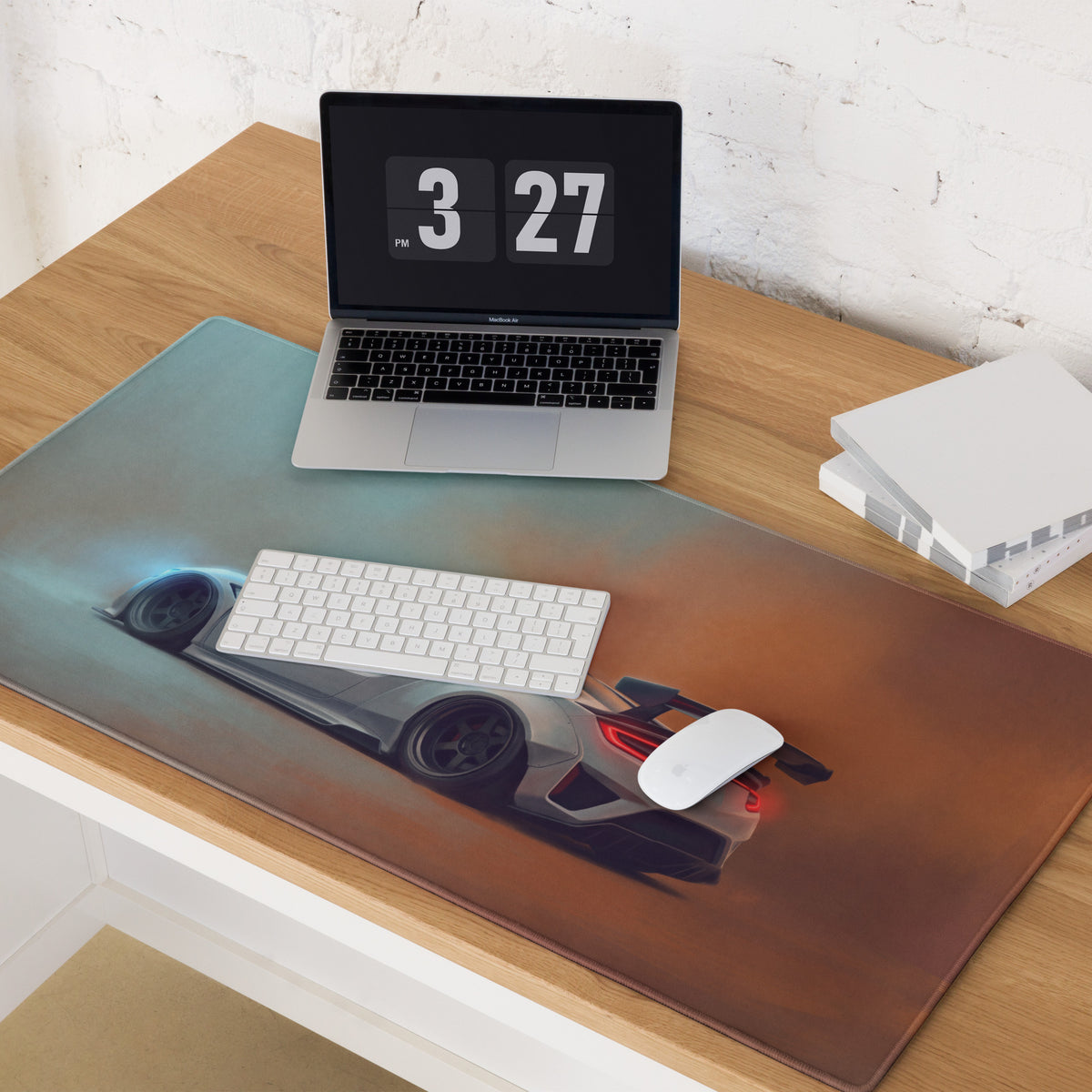 Acura NSX inspired pearl widebody desk pad featuring a sleek rectangular gaming mousepad with a futuristic silver car design