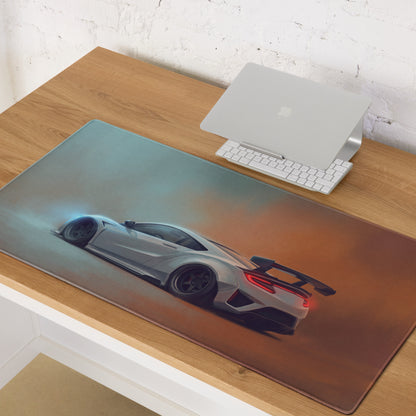 Acura nsx inspired pearl widebody desk pad featuring a silver sports car with red taillights on a sleek gaming mousemat