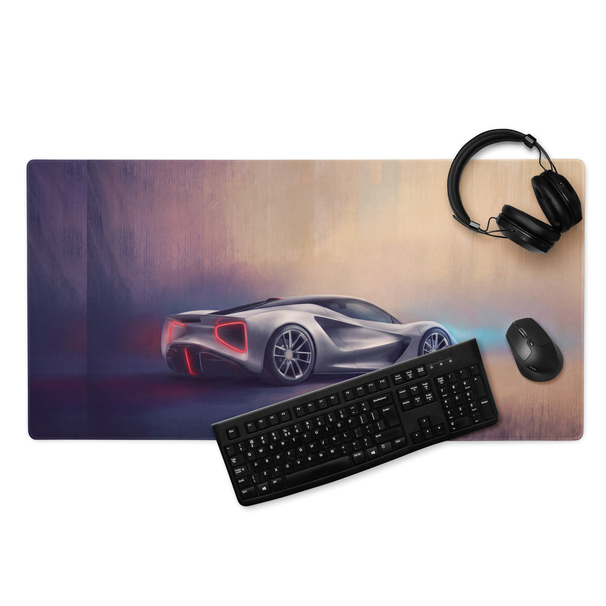 Silver lotus evija inspired electric desk mat with low-friction cloth and glowing red taillights sports car print