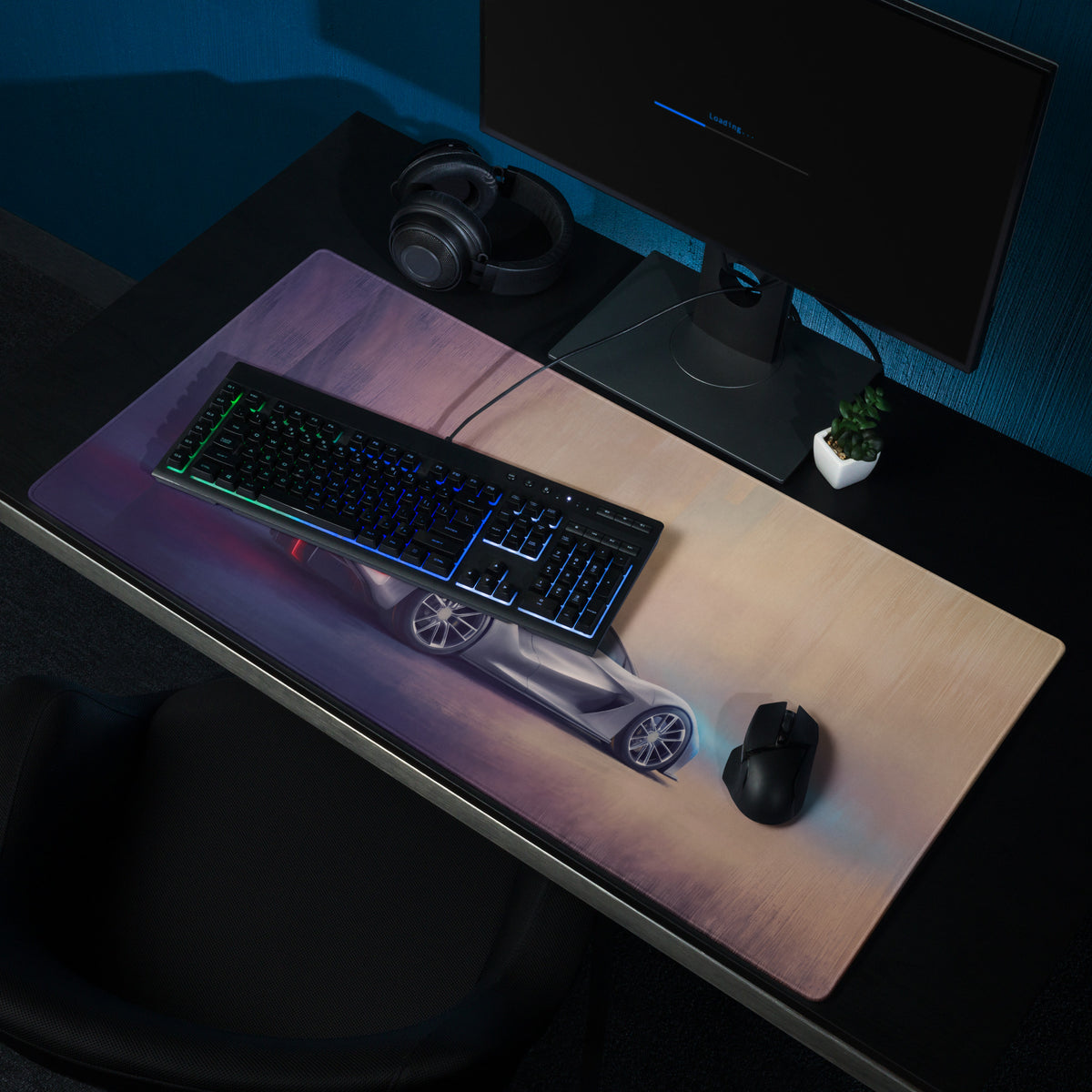 Lotus Evija inspired electric silver desk mat featuring a low friction cloth with a silver sports car graphic