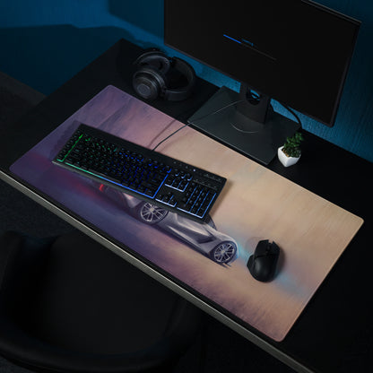 Lotus Evija inspired electric silver desk mat featuring a low friction cloth with a silver sports car graphic